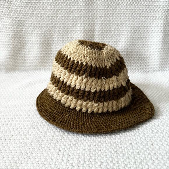Handmade Crochet Brown Beige Tan Stripe Bucket Hat One Size Boho - Picture 10 of 10